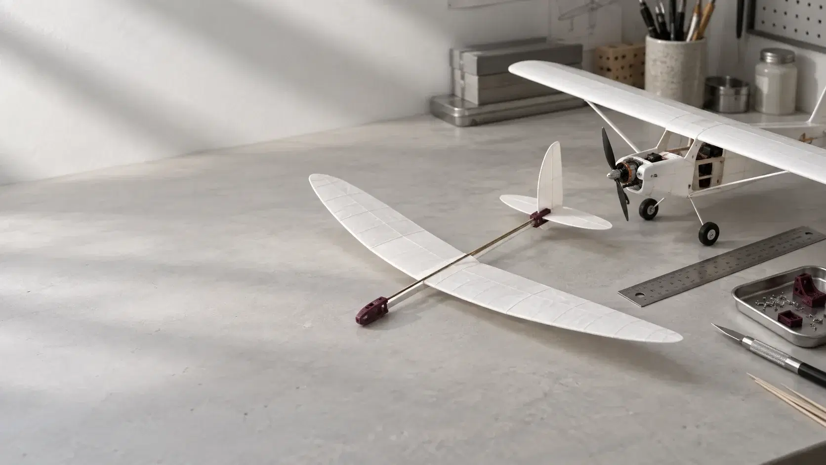 FlightHub concept artwork of a model aircraft on a workshop bench