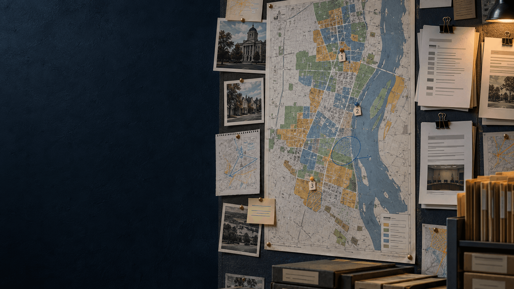 Concept artwork showing a map and pinned public-record research materials