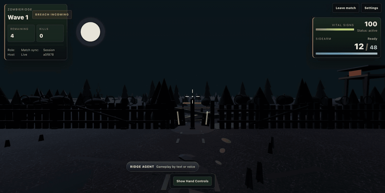 Live ZombieRidge first-person gameplay with wave, health, ammunition, and match-sync controls visible