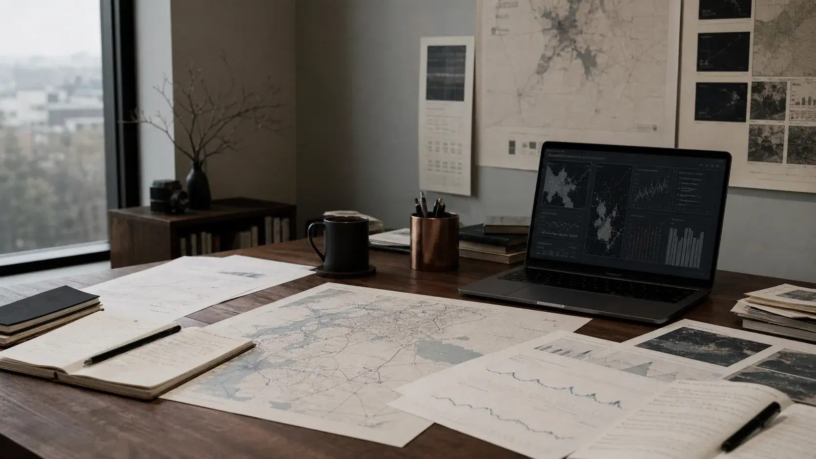 TrendSights research studio scene with maps, evidence notes, and an analytical workspace